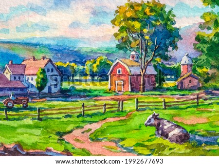 American farm. Country house. Red farm barn. Cows graze in the meadow. Farm animals. Autumn Landscape. Watercolor painting. Acrylic drawing art. A piece of art. 