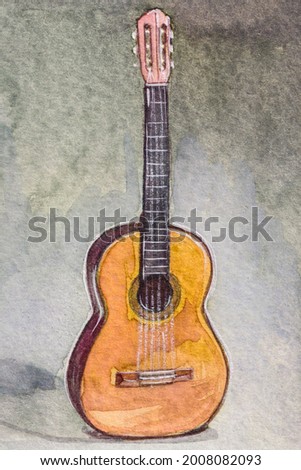 Acoustic guitar. Musical instrument. Guitar strings. Watercolor painting. Acrylic drawing art. A piece of art. 