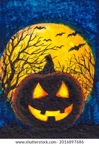 Jack o lantern. Carved Pumpkin on Halloween. Sunset with Fly bat. Blue sky. Autumn season. Watercolor painting. Acrylic drawing art. A piece of art. 