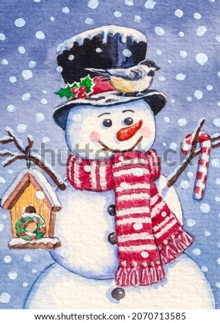 Snowman and bird house. Christmas Time. Winter holidays. Happy New Year. Snow and snowflakes. Watercolor painting. Acrylic drawing art. A piece of art. 