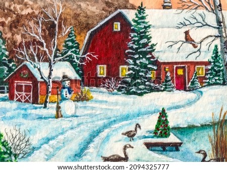 Winter. Farm barn. Red country house. Snowy Winter forest. Snowman and farm animals or birds. Watercolor painting. Acrylic drawing art. A piece of art.