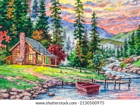Log house. Cabin for camping. Holidays in the mountains. Beautiful forest nature. Country landscape with lake and boat. Watercolor painting. Acrylic drawing art.
