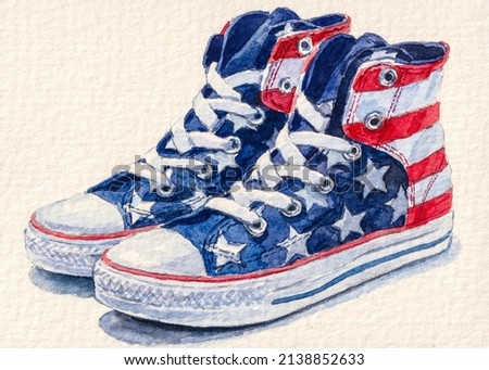 Patriotic Sneakers or gumshoes. Sport shoes. American Flag. US Holidays. 4th of July, Independence, Presidents Day. USA patriotism. Watercolor painting. Acrylic drawing art. A piece of art. 