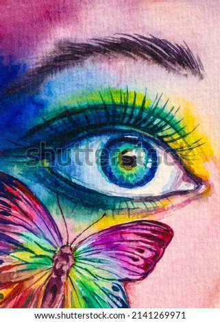 Woman Eye and butterfly. Female makeup. Fashion or beauty industry. Black mascara on eyelashes. Good for post or greeting card. Watercolor painting. Acrylic drawing art. A piece of art. 