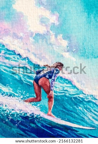 Woman ride on surfboard. Surfing Board. Summer vacations. Ocean beach. Big waves. Sport Activity. California Uniter States. Watercolor painting. Acrylic drawing art. A piece of art. 