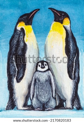 Penguins. Family penguins mom, dad and baby. Antarctica ice. Wild animals. Watercolor painting. Acrylic drawing art. A piece of art. 