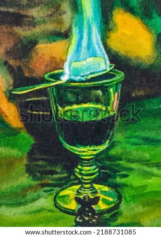 Absinthe. Green alcohol drink. Absinthe shots with sugar cubes and blue flame. Watercolor painting. Acrylic drawing art. A piece of art.