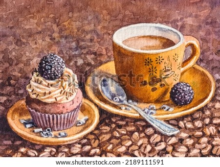 Cup of coffee, cupcake, chocolate candy. Sweet espresso coffee with dessert. Coffee beans. Watercolor painting. Acrylic drawing art. A piece of art.