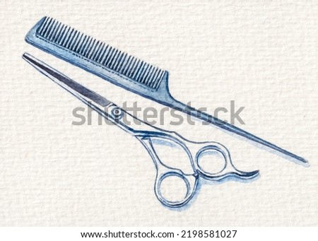Scissors and comb. Professional barber scissors or shears, comb for man or woman haircut. Hairdresser salon equipment. Watercolor painting. Acrylic drawing art. A piece of art.