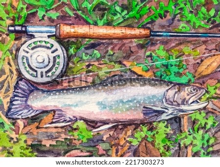 Trout fish. Fly fishing equipment, rod, reel, line. Fisherman caught a fish on river. Watercolor painting. Acrylic drawing art. A piece of art.