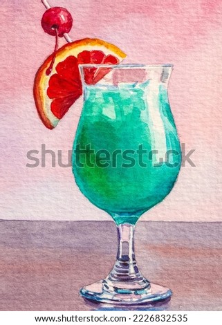 Cocktail. Glass of alcohol tropical drink decorated with orange slice. Watercolor painting. Acrylic drawing art. A piece of art.