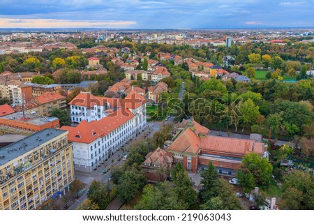 Timisoara city from Romania seen from the top of the Orthodox Cathedral. The Mayor\'s Office. Aerial view.