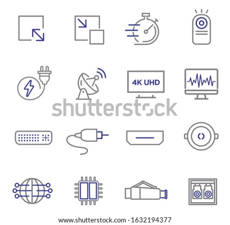 broadcasting equipment icon set. 
Lines represent icons that transmit various video signals.
