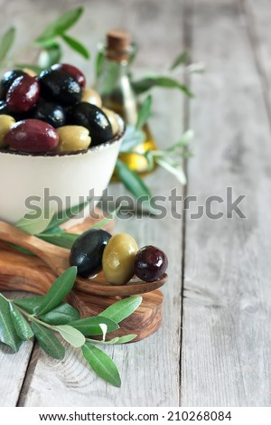 Mixed marinated olives (green, black and purple) in ceramic bowl and wooden spoon with bottle of olive oil. Selective focus. Copy space background