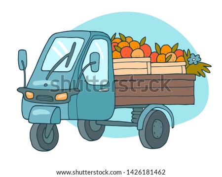 Hand-drawn cute truck with orange 
