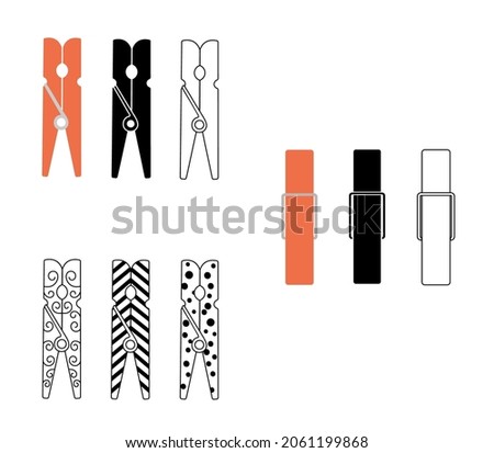 Clothespin outline icon illustration isolated on white background. Color elements of laundry in different angles.