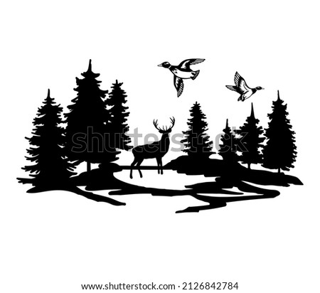 Black silhouette of deer standing among trees and ducks. Vector illustration of forest with pine tree. Sign deer hunting isolated on white background