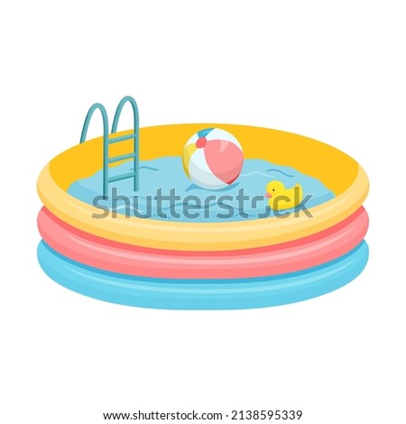Vector illustration of swimming pool isolated on white background. Cartoon rubber pool full water with inflatable ball and duck toy.