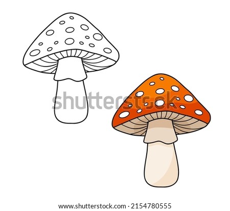 Fly agaric with red cap mushroom and white dots. Line and cartoon vector illustration for kids coloring page and book. Inedible mushroom isolated on white background