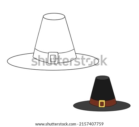 Black pilgrim hat isolated on white. Traditional hat as symbol of Thanksgiving. Vector flat illustration and line art for coloring page