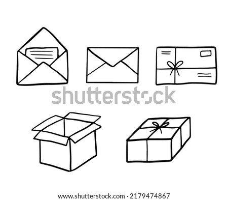 Hand drawn doodle mail. Open envelope with letter and envelope with stamp, box