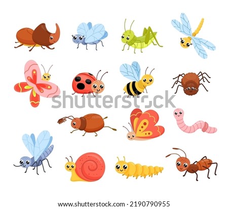 Cartoon insects set. Cute ant, grasshopper and snail. Childish vector illustration isolated on white