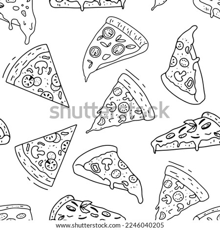 Pizza doodle monochrome seamless pattern. Vector outline sketch on white
