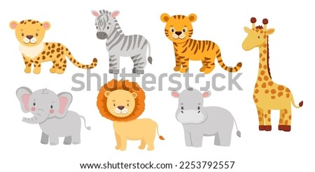 Cute elephant, tiger, lion, zebra and hippo in cartoon style. Drawing african baby wild animals isolated on white background. Jungle safari animals set