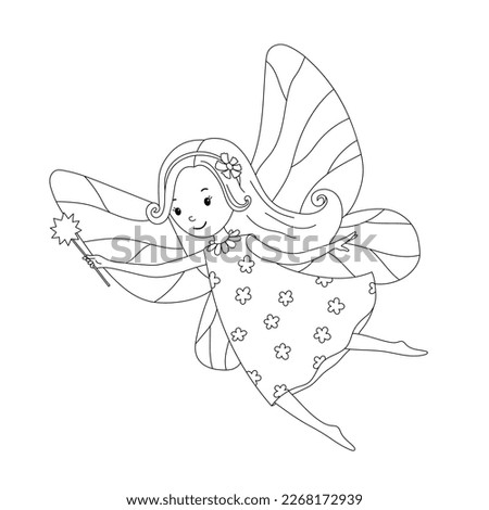 Cute little fairy with wings and magic wand isolated on white. Vector outline illustration for coloring page