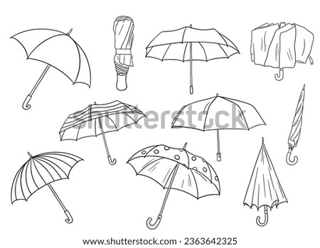 Open and closed umbrella doodle outline sketch. Vector illustrations set for coloring book