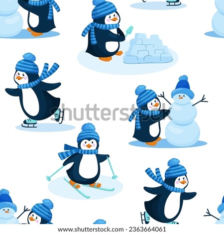 Seamless pattern with cute penguin vector illustrations. Cartoon winter characters.