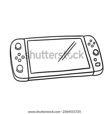 Video game console with switch detachable controllers on both sides and touch screen. Gamepad vector line doodle sketch isolated on white background.