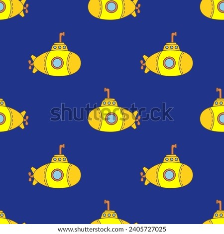 Seamless hand drawn pattern with stylized cute submarine on dark blue background. Vector cartoon endless pattern for textiles or fabric for newborns and kids