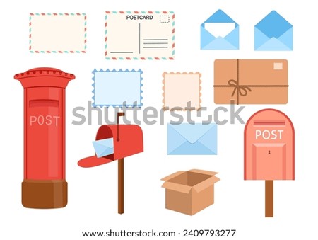 English red post box, open and closed envelopes and blank postcard. Vector cartoon flat illustrations set isolated on white background