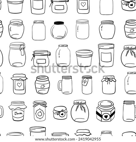 Seamless monochrome pattern with hand drawn mason jar. Jars with lid, label, ribbon. Vector illustration in outline doodle style