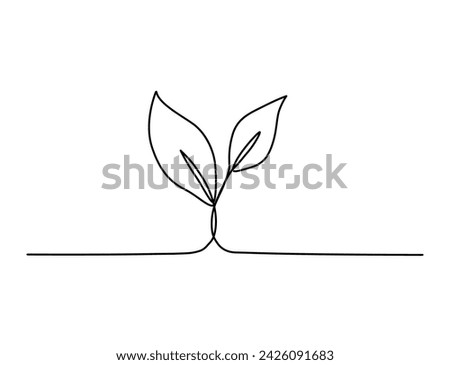 Hand drawn line art plant. One continuous line growing sprout.