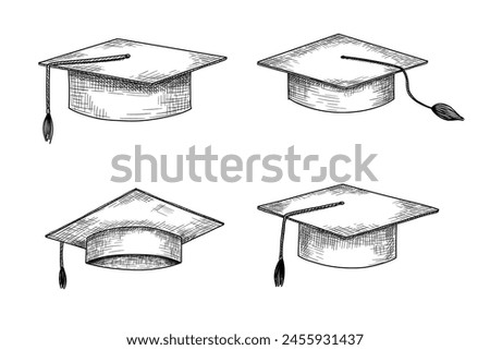 Graduate hat sketch set. Hand drawn university cap in etching style. Academic hat monochrome illustrations