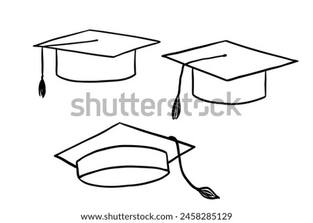 Graduate hat line icons set. Hand drawn university cap in doodle style. Academic hat monochrome illustration