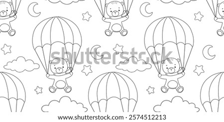 Seamless pattern with cute bear pilot with parachute, outline hand drawn illustration on white background