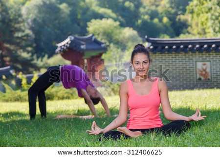 Perfect yoga. Beautiful young girl is balancing doing yoga. Pair yoga concept. Yoga outdoor class workout Acro-yoga.