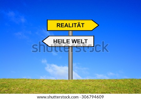 Street Sign showing reality or perfect world in german language in front of blue sky on green grass