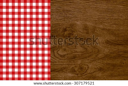 Old vintage wood background with tablecloth red white