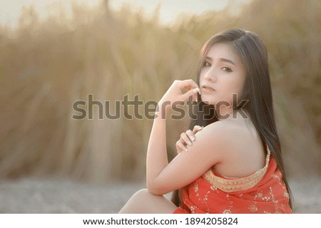 Thai Woman In Traditional Costume.Asian beautiful woman wearing traditional thai culture,vintage style,Thailand