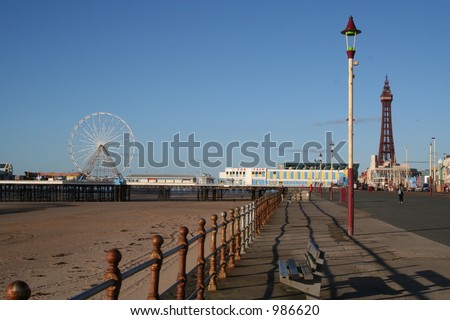 Blackpool Promenade, Central Pier with Ferris Wheel and the Tower.