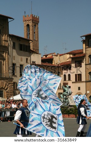 FLORENCE, ITALY, May 23, 2009: \'Medieval\' flag wavers entertain the tourists for Ascension Day in Piazza Della Signoria on May 23, 2009 in Florence, Italy.