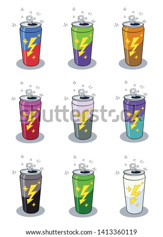 Pack of 9 different colored energy drink vector illustrations with sparkling effects. You can edit any element different color as you wish.