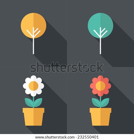 tree and flower icons. Flat design style modern vector illustration. Isolated on stylish color background. Flat long shadow icon. Elements in flat design.