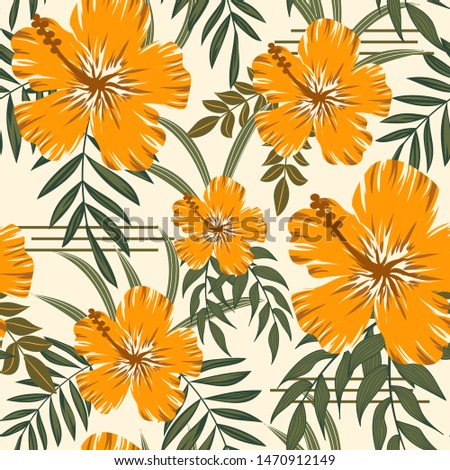 Fashionable abstract seamless pattern with tropical leaves and flowers on pastel background. Jungle seal. Vector design. The background floral. Textiles and printing. Exotic, tropical.