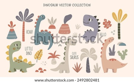 Dinosaur vector clipart. Children's collection includes cute dinosaurs, palm trees, volcanoes, inscriptions and various elements. Dino baby. Colorful cute baby illustration.