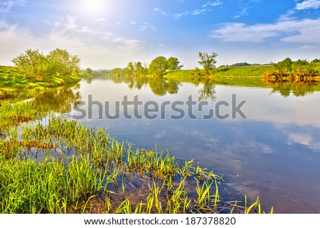 Summer landscape with green grass and river